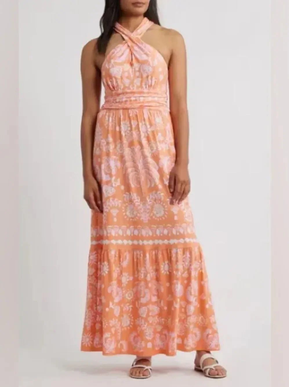 Lilly Pulitzer Montecito Halter Maxi Dress Sleeveless Coral Papaya Breezy Palm